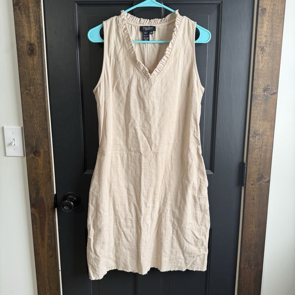 Papillon Preppy Resort Beige Shift Dress Size Large Minimalist Boho